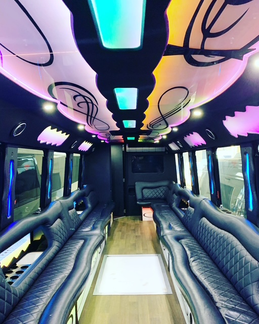 Master Limo Service luxury party bus interior with LED lighting